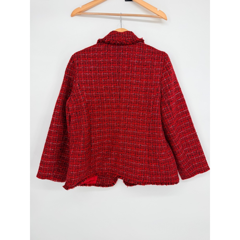 Chico's Tweed Blazer 2 Red Textured Raw Edge Jacket Parisian Chic Holiday - Picture 2 of 11